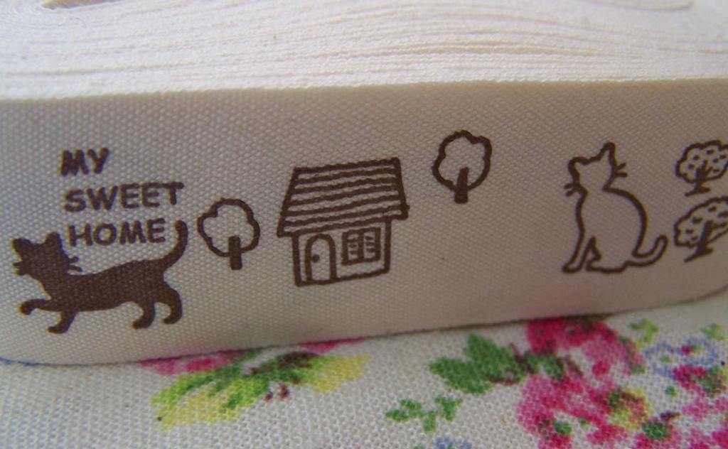Accessories - 5.46 Yards (5 Meters) Lovely Cat Home Print Cotton Ribbon Label String 25mm A2852