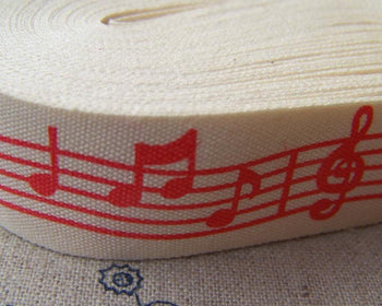 Accessories - 5.46 Yards (5 Meters) Red Music Note Print Cotton Ribbon Label String A2654