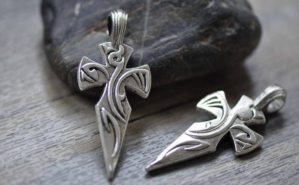 Accessories - 5 Pcs Antique Silver Cross Pendants Abstract Phoenix Design Charms 24x57mm A7846