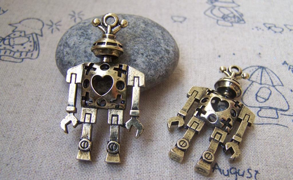 Accessories - 5 Pcs Of Antique Bronze Filigree 3D Robot Charms Pendants 25x45mm A3080