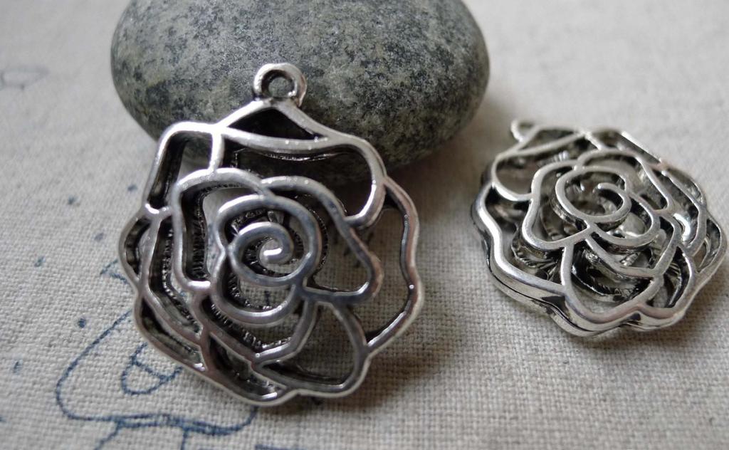 Accessories - 5 Pcs Of Antique Silver 3D Filigree Rose Flower Charms Pendants 25x26mm A6361