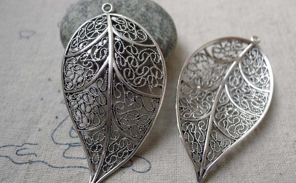 Accessories - 5 Pcs Of Antique Silver Filigree Huge Leaf Pendants 32x54mm A6370
