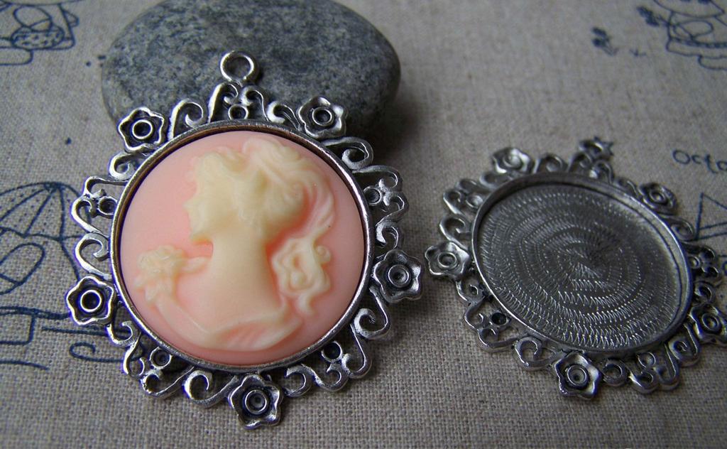 Accessories - 5 Pcs Of Antique Silver Round Cameo Base Settings Match 30mm Cabochon A4424