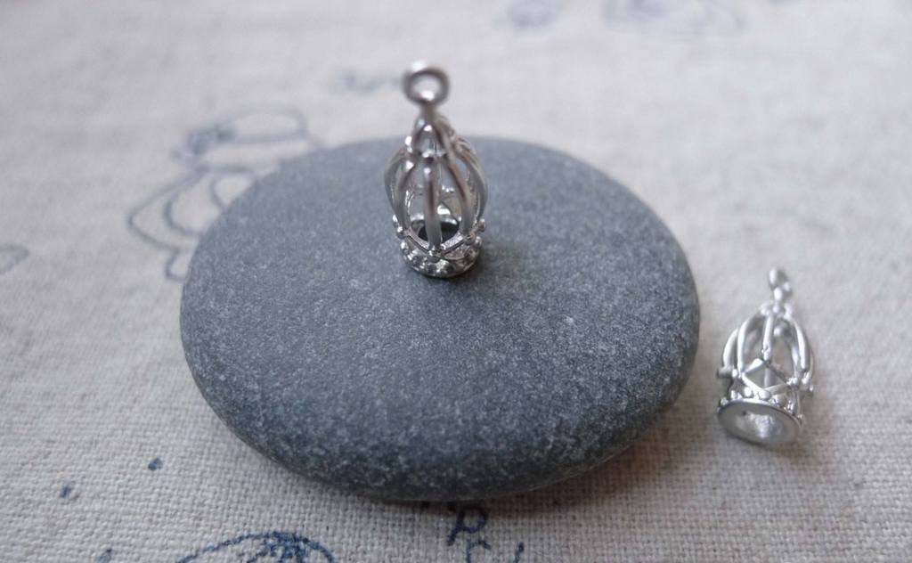 Accessories - 5 Pcs Of Matte White Gold Tone 3D Bird Cage Charms Pendants 7x15mm A7682