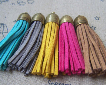 Accessories - 5 Pcs Of Square Faux Suede Leather Tassel With Brass Bead Caps Mixed Color A4898