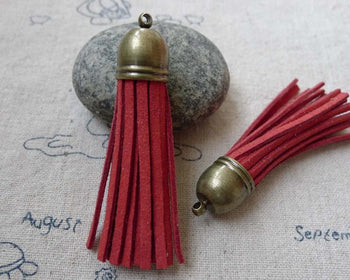 Accessories - 5 Pcs Of Square Faux Suede Red Leather Tassel With Brass Bead Caps A6667
