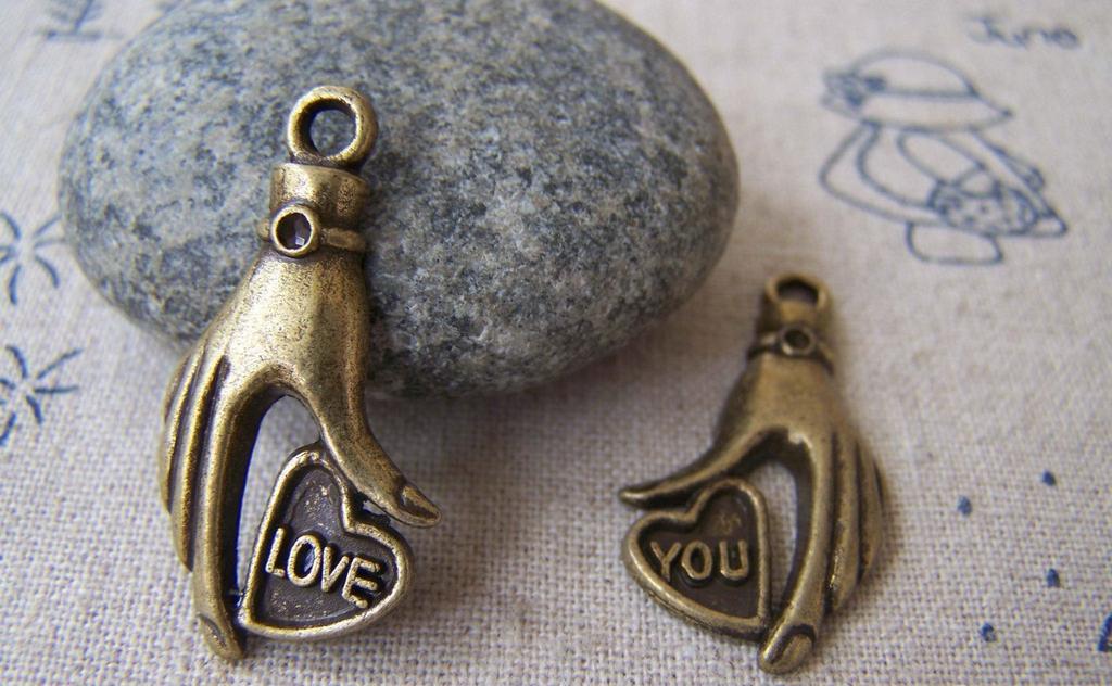 Accessories - 5 Sets (10 Pcs) Of Antique Bronze Heart Hand Charms Pendants 15x30mm A577
