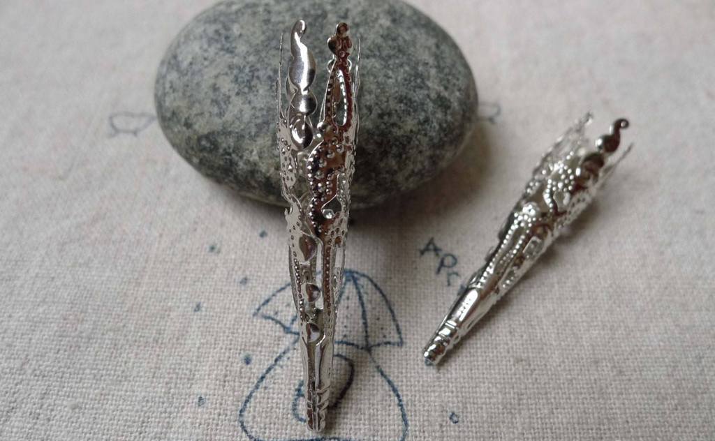 Accessories - 50 Pcs Silver Gray Nickel Tone Iron Filigree Cone Long Bead Caps 8x41mm A6778