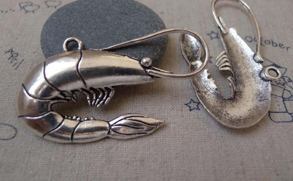 Accessories - 6 Pcs Antique Silver Shrimp Pendants Charms 35x56mm A7466