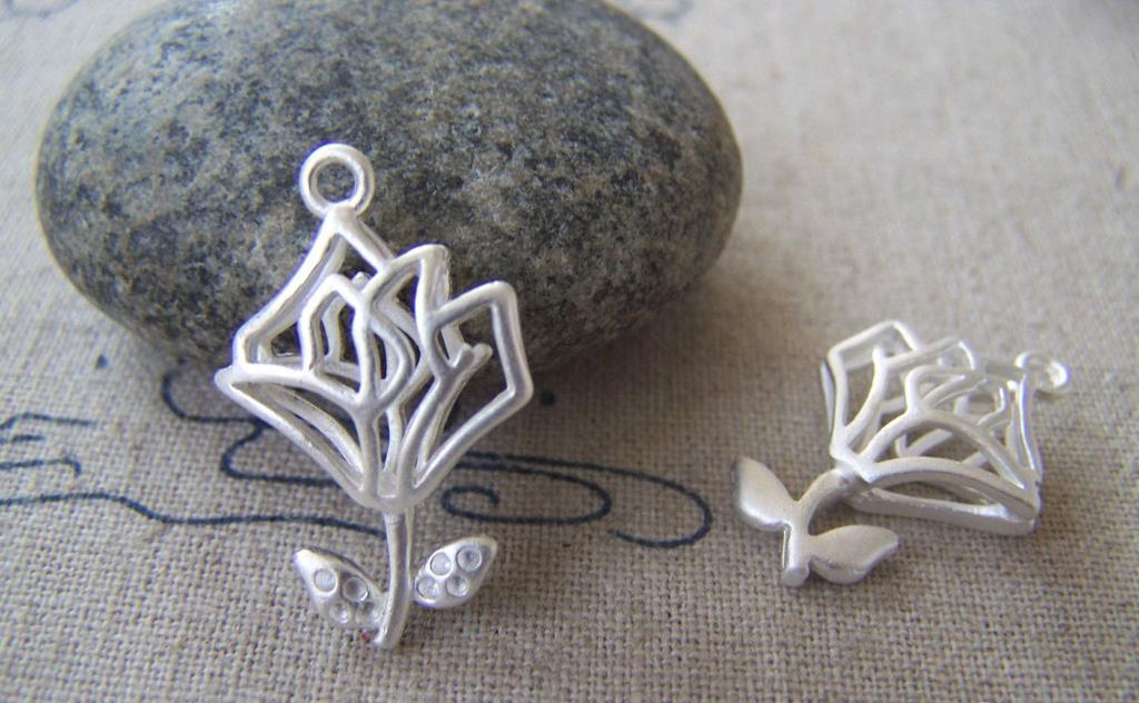 Accessories - 6 Pcs Matte Silver Brass 3D Filigree Rose Flower Pendants 15x24mm A2445