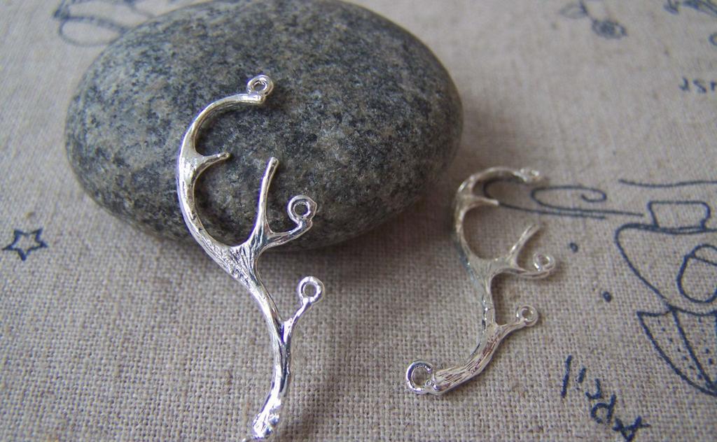 Accessories - 6 Pcs Matte Silver Brass Deer Horn Antler Charms With Multiple Loops 13x36mm A3074