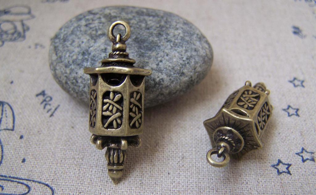 Accessories - 6 Pcs Of Antique Bronze 3D Filigree Lantern Pendant Charms 12x35mm A2225