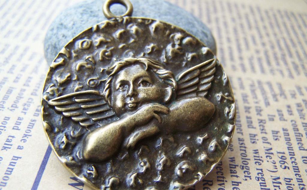 Accessories - 6 Pcs Of Antique Bronze Angel Round Pendants Charms 39mm A1642