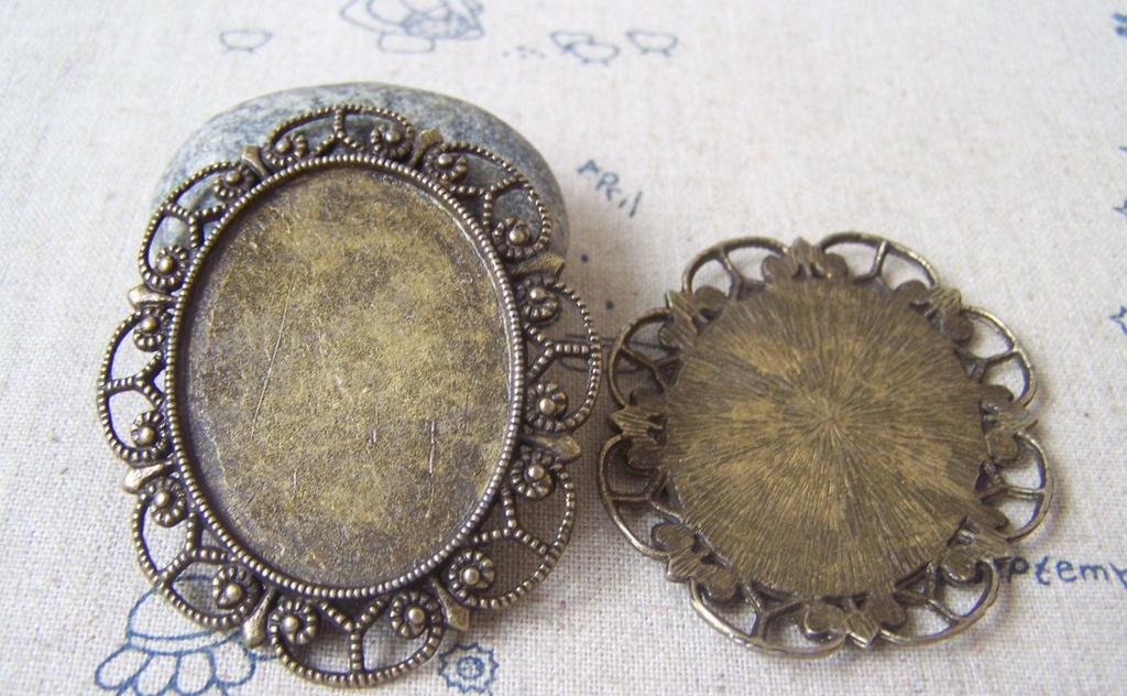 Accessories - 6 Pcs Of Antique Bronze Filigree Oval Cameo Base Bezel Settings Match 30x40mm A4671