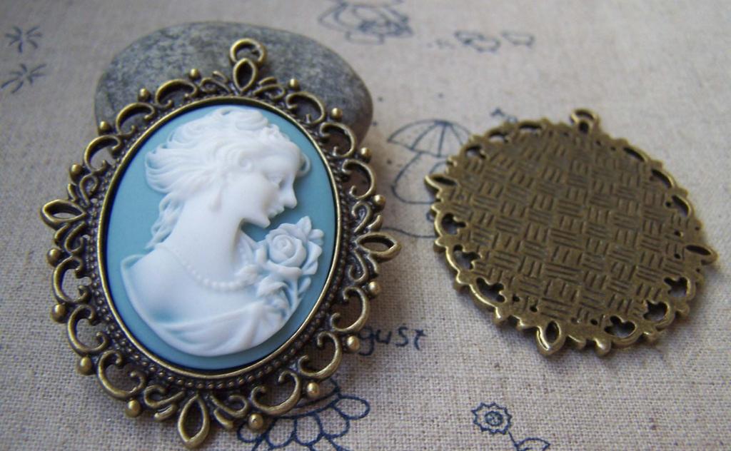 Accessories - 6 Pcs Of Antique Bronze Filigree Oval Cameo Base Pendants Tray Match 30x40mm Cabochon A2857