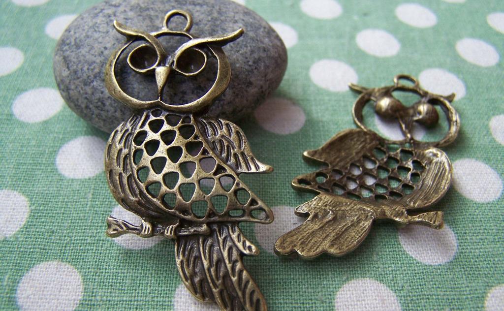 Accessories - 6 Pcs Of Antique Bronze Filigree Owl Pendants Charms 25x50mm A145