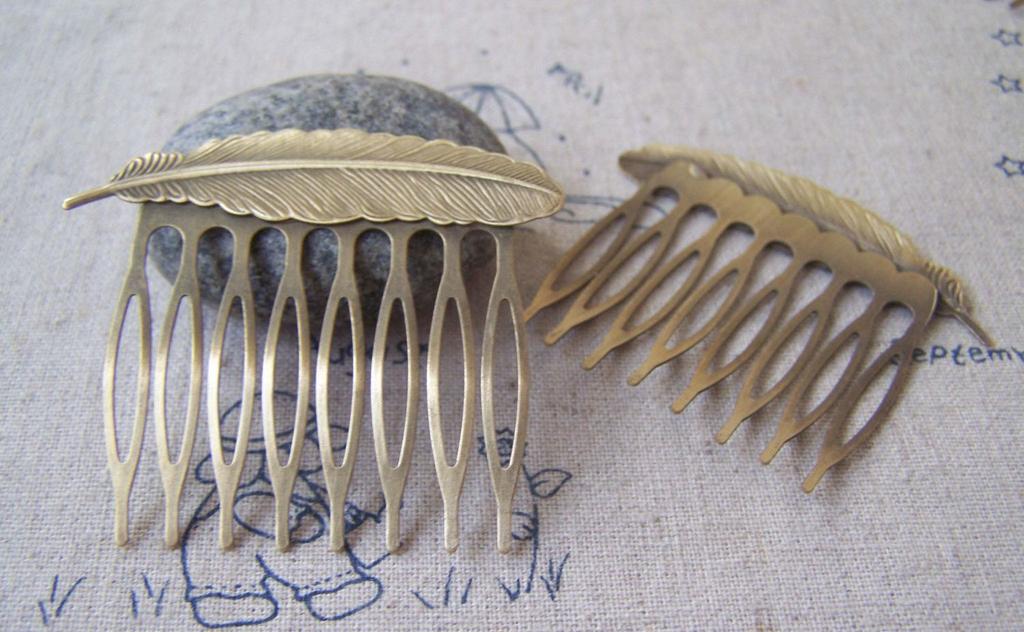 Accessories - 6 Pcs Of Antique Bronze Huge Feather Eight Teeth Hair Clips 45x52mm A4298