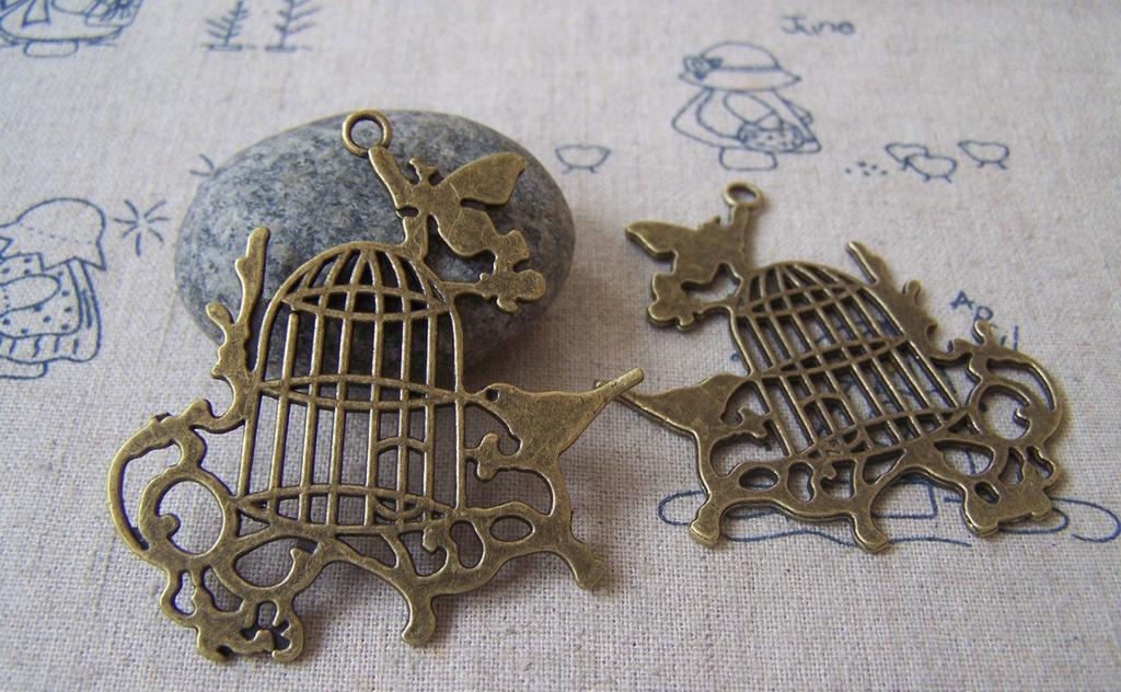Accessories - 6 Pcs Of Antique Bronze Huge Flat Bird Cage Pendants Charms 51x55mm A4339