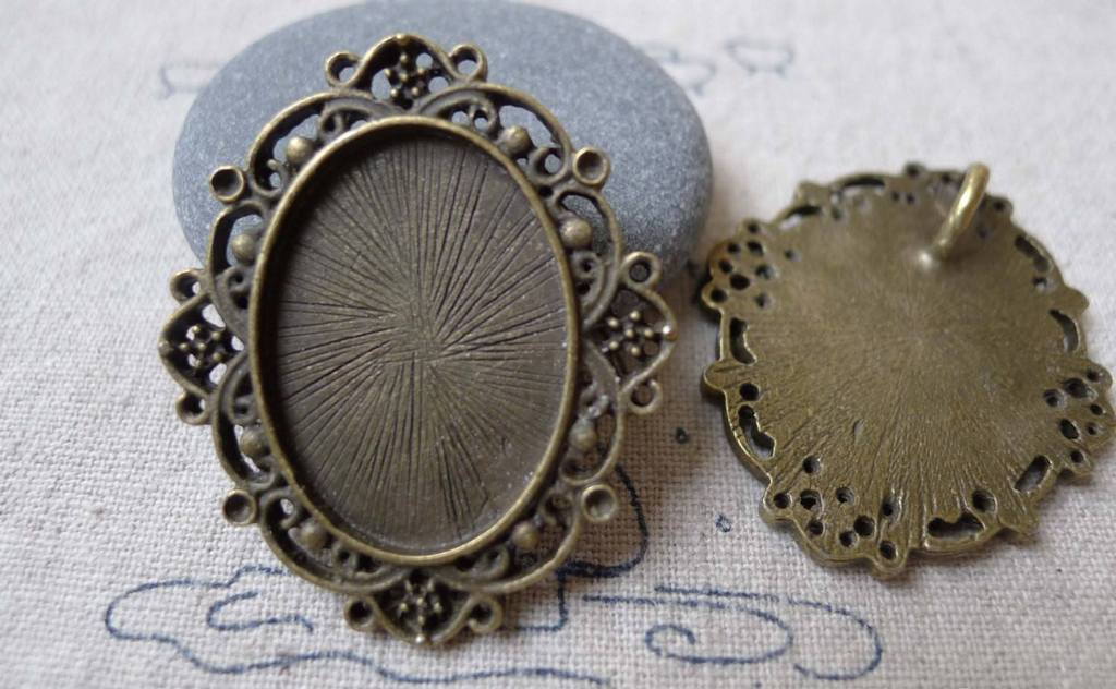 Accessories - 6 Pcs Of Antique Bronze Oval Cameo Base Settings Pendant Match 18x25mm Cabochon A7258