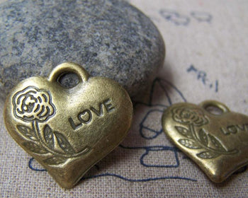 Accessories - 6 Pcs Of Antique Bronze Rose Flower Love Heart Charms 23x23mm Double Sided A554