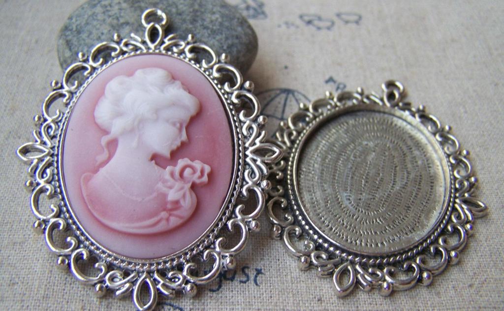 Accessories - 6 Pcs Of Antique Silver Oval Cameo Base Pendants Tray Match 30x40mm Cabochon A2850