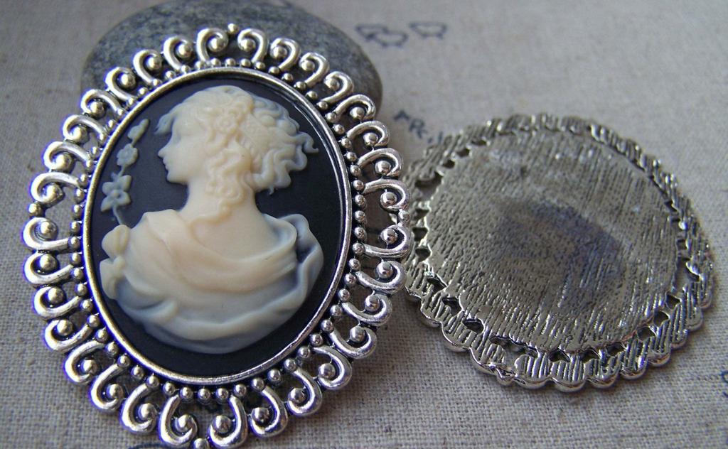 Accessories - 6 Pcs Of Antique Silver Oval Cameo Base Pendants Tray Match 30x40mm Cabochon A3556