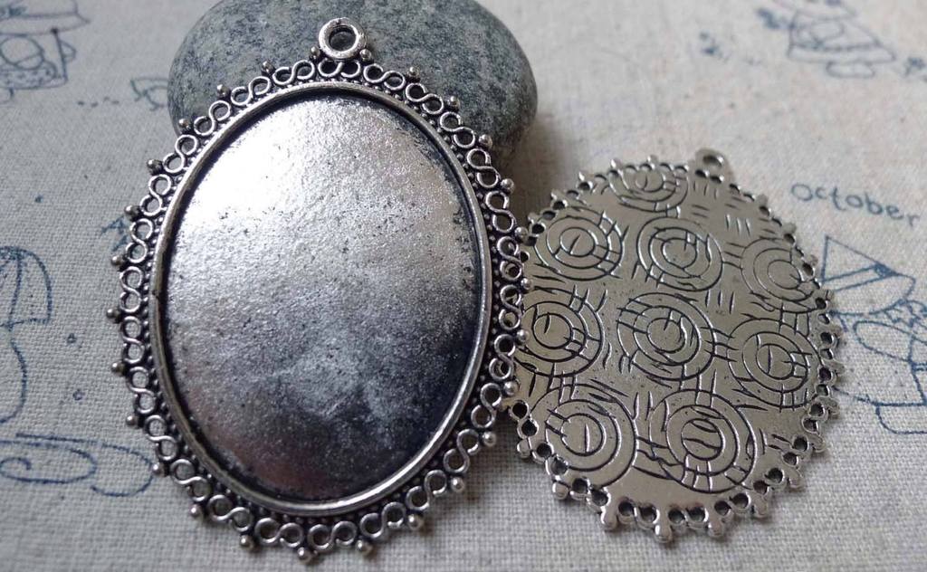 Accessories - 6 Pcs Of Antique Silver Oval Cameo Base Pendants Tray Match 30x40mm Cabochon A6201