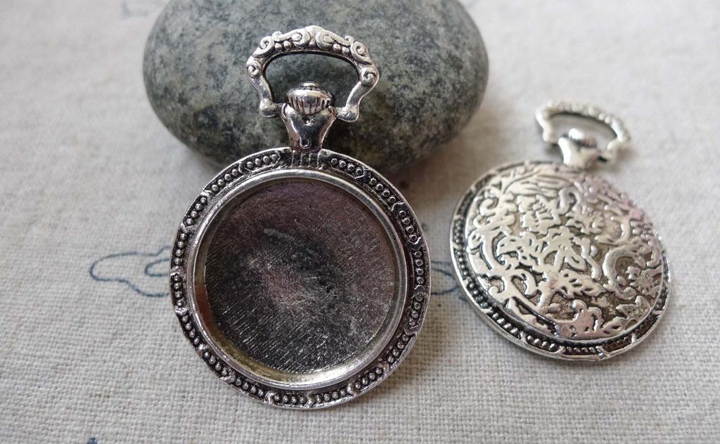Accessories - 6 Pcs Of Antique Silver Pocket Watch Round Base Pendants Match 19.5mm Cabochon A6674