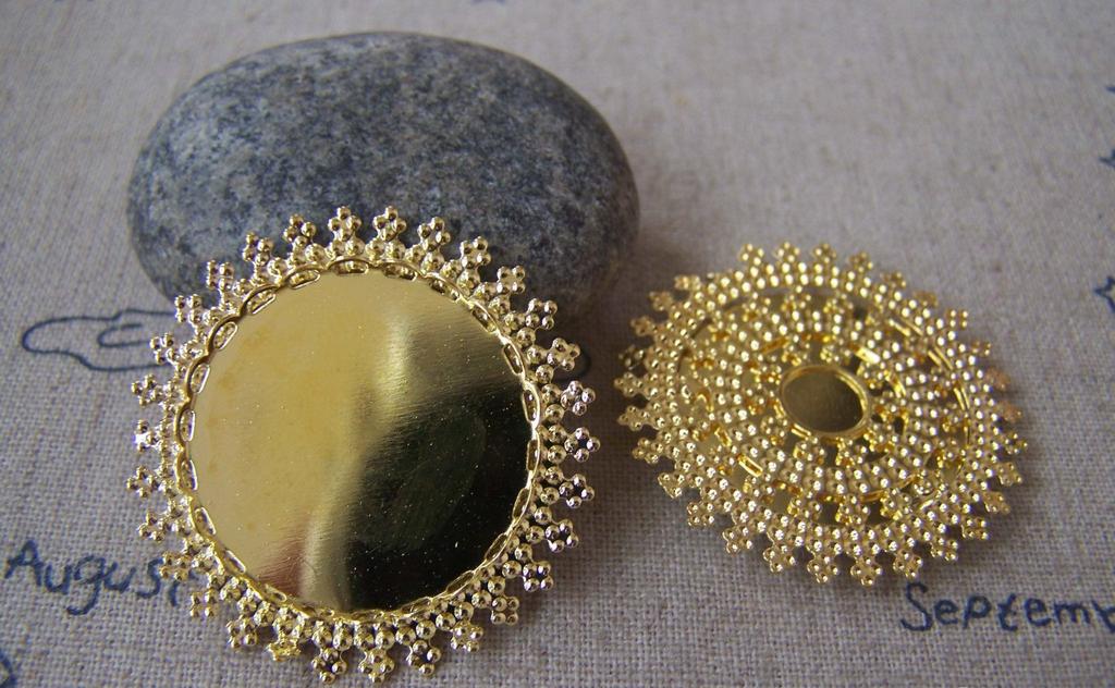 Accessories - 6 Pcs Of Gold Tone Brass Filigree Flower Round Bases Match 25mm Cameo A4488