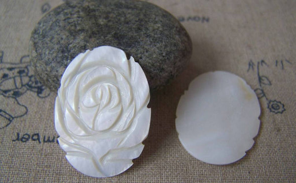 Accessories - 6 Pcs Of Natural Shell Engraved Rose Flower Oval Cameo 22x30mm A4597