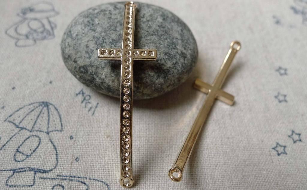 Accessories - 8 Pcs Of Light Gold Curved Sideways Cross Bracelet Connectors Charms 15x51mm A5814