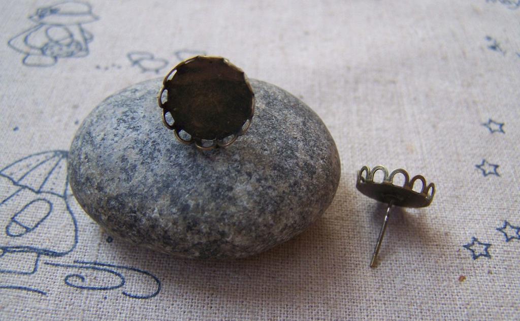 Accessories - Antique Bronze Ear Studs Earring Posts Scalloped Edge Bezel Match 12mm Cabochon Set Of 10 Pcs A5038