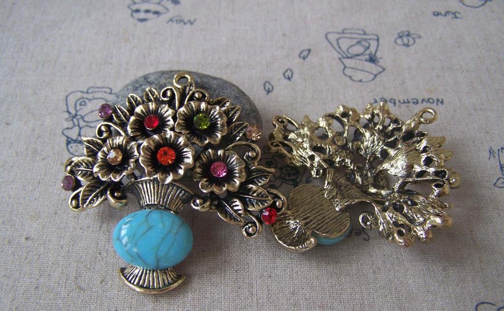 Accessories - Antique Gold Flower Basket Charms Pendants With Turquoise Rhinestone 59x59mm Set Of 2 Pcs A4582