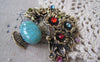 Accessories - Antique Gold Flower Basket Charms Pendants With Turquoise Rhinestone 59x59mm Set Of 2 Pcs A4582