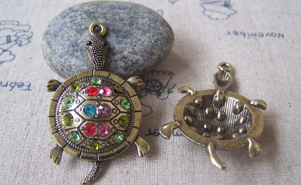 Accessories - Antique Gold Rhinestone Turtle Pendants Colorful Charms 28x48mm Set Of 2 Pcs A4580