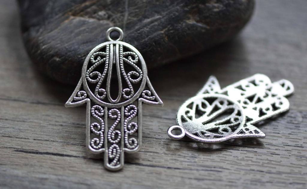 Accessories - Antique Silver Hamsa Hand Pendants Charms 29x44mm Set Of 10 Pcs A7849