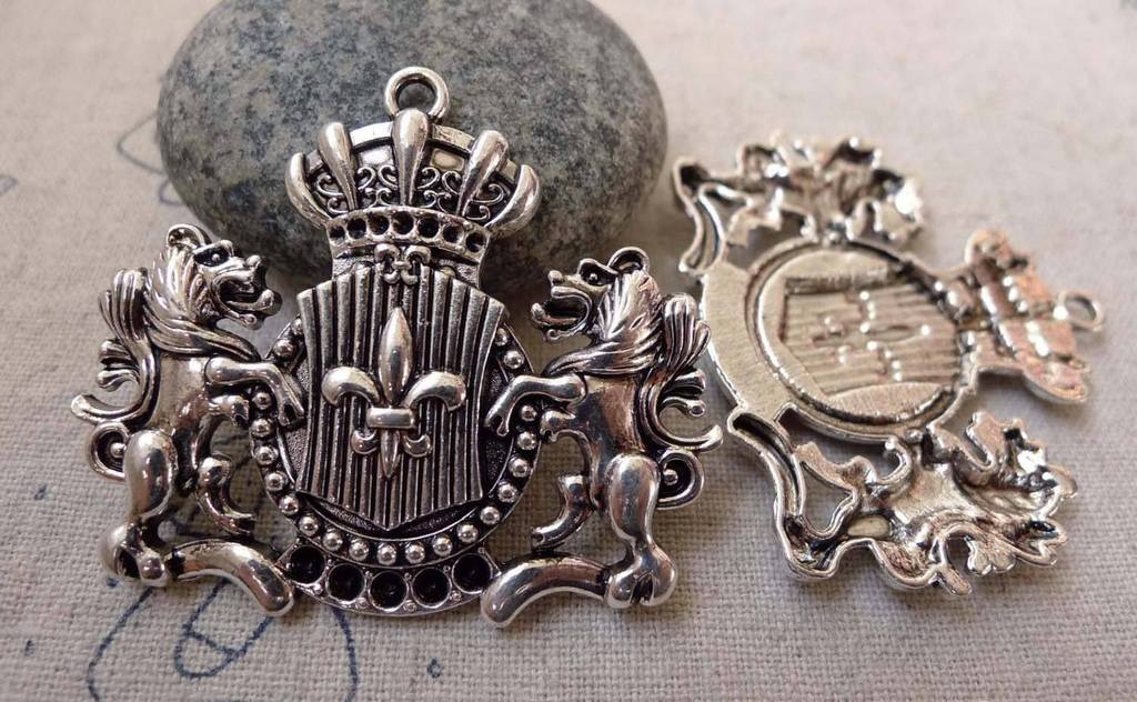 Accessories - Antique Silver Lion Badge Charms Pendants 38x45mm Set Of 2 Pcs A6212
