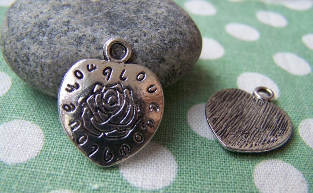 Accessories - Antique Silver Rose Flower Heart Charms 18x20mm Set Of 10 Pcs A1337