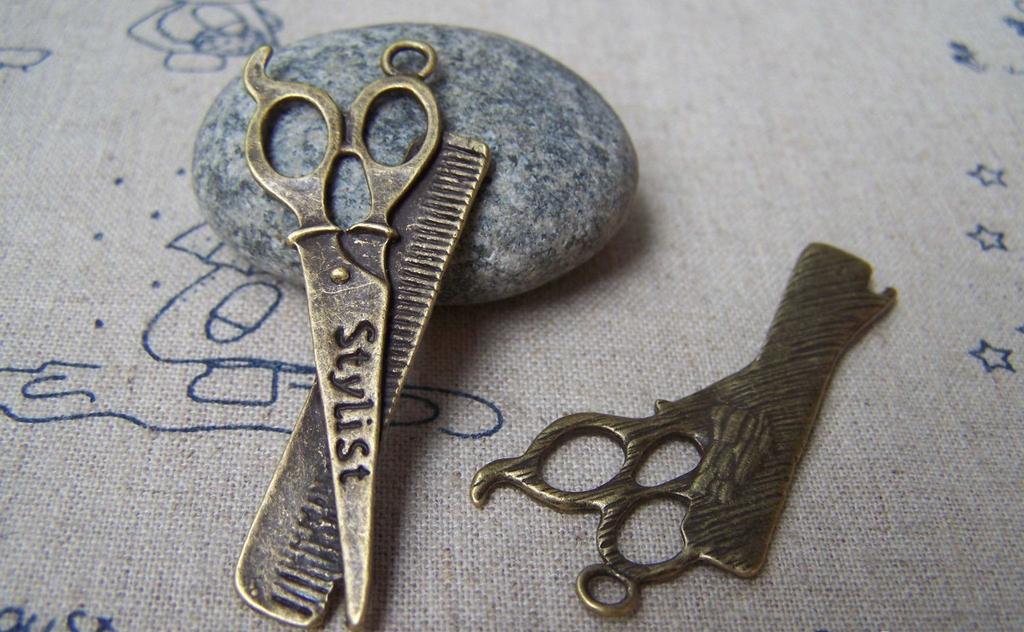 Accessories - Barber Shop Stylist Scissors And Comb Charms Antique Bronze Shears Pendants 21x53mm Set Of 10 Pcs A3947