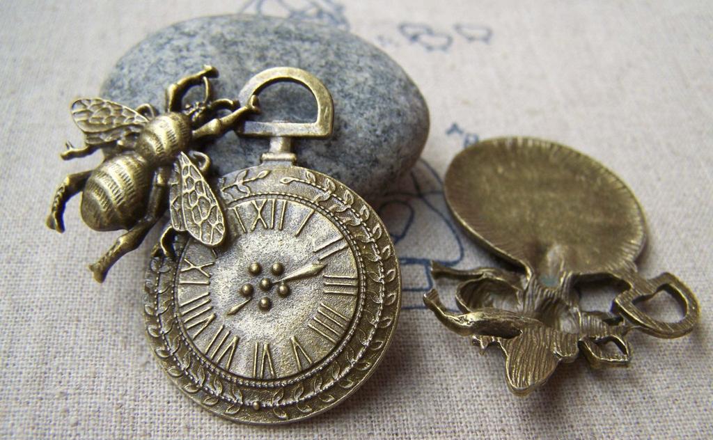 Accessories - Bee Clock Pendant Antique Bronze Time Charms 41x42mm Set Of 2 Pcs A645