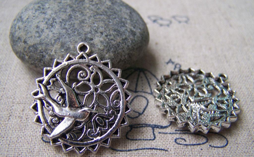 Accessories - Bird Ring Charms Antique Silver Filigree Floral Edge Swallow Pendants 25mm Set Of 10 Pcs A806