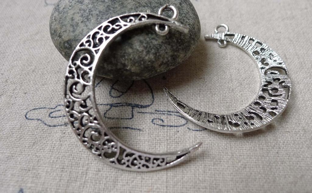Accessories - Crescent Moon Pendants Antique Silver Swirly Connectors 32x38mm Set Of 10 Pcs A6860