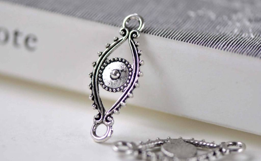 Accessories - Evil Eye Oval Connector Antique Silver Charms 12x30mm Set Of 10 Pcs A7893