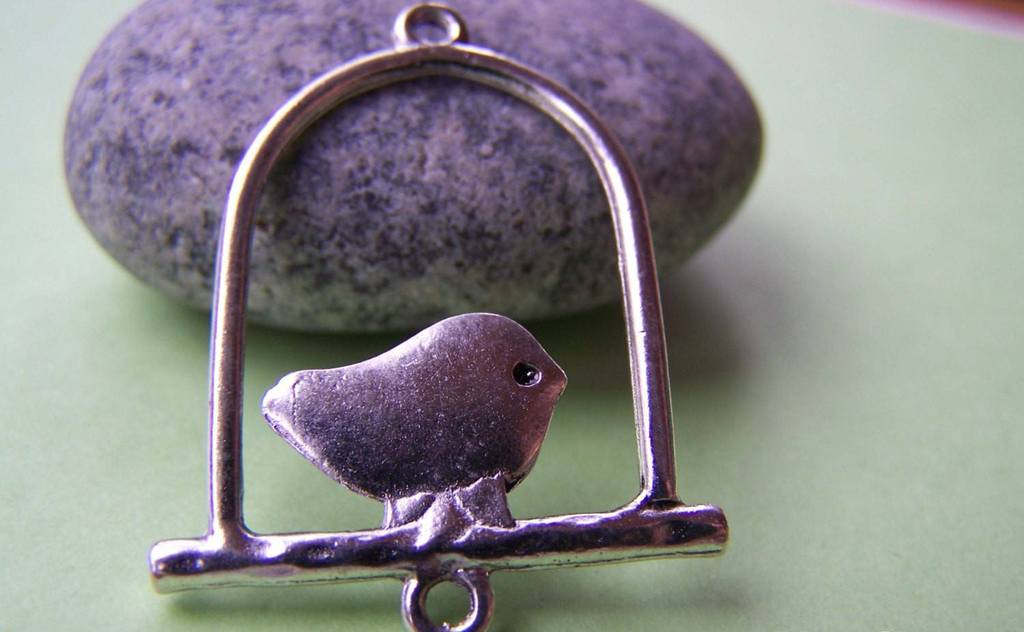 Accessories - Flat Bird Ring Connector Antique Silver Cage Charms 25x33mm Set Of 10 Pcs A803