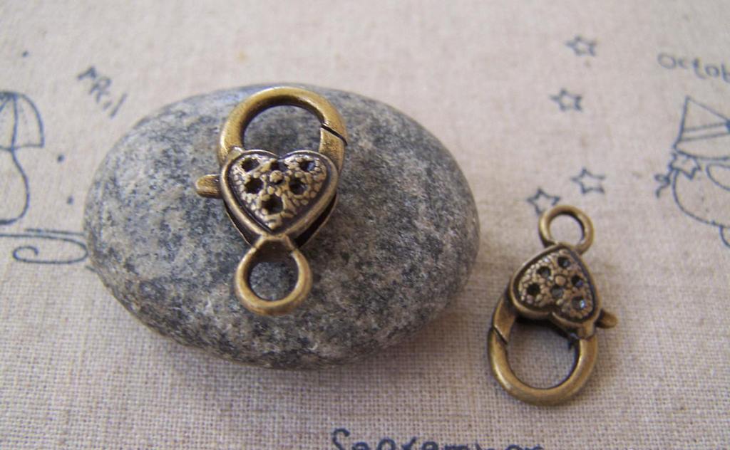 Accessories - Heart Lobster Clasps Antiqued Bronze Clasps 12x25mm Set Of 10 Pcs A5255