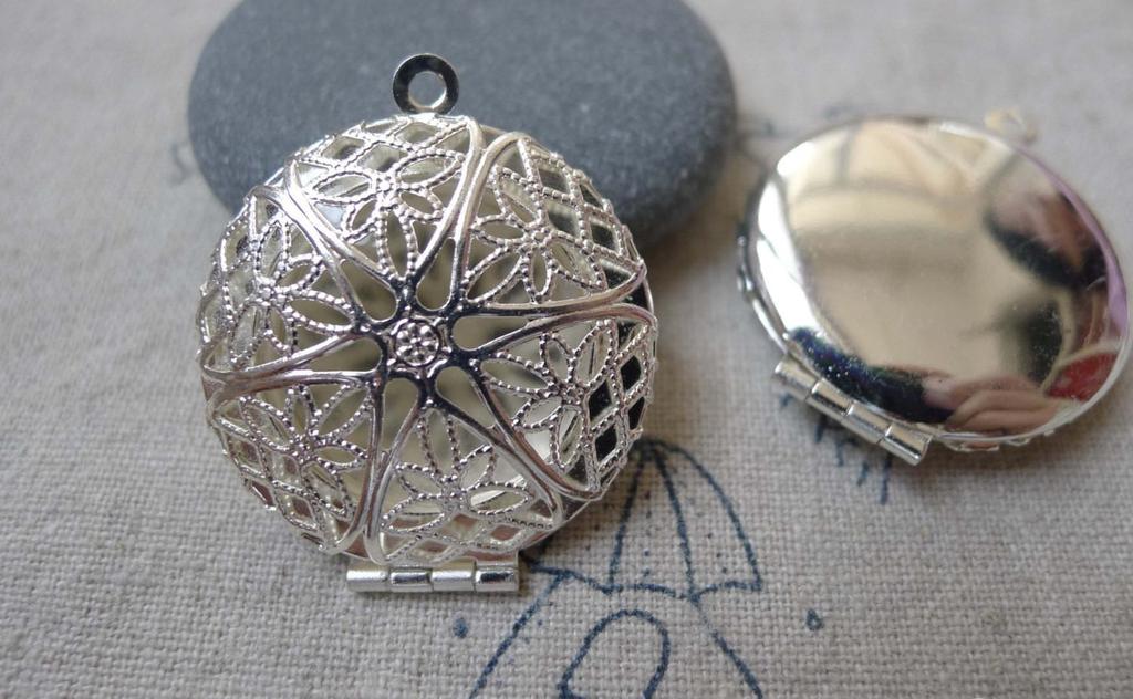 Accessories - Locket, Silver Photo Locket, Filigree Round Pendants 27mm Set Of 5 Pcs A7147