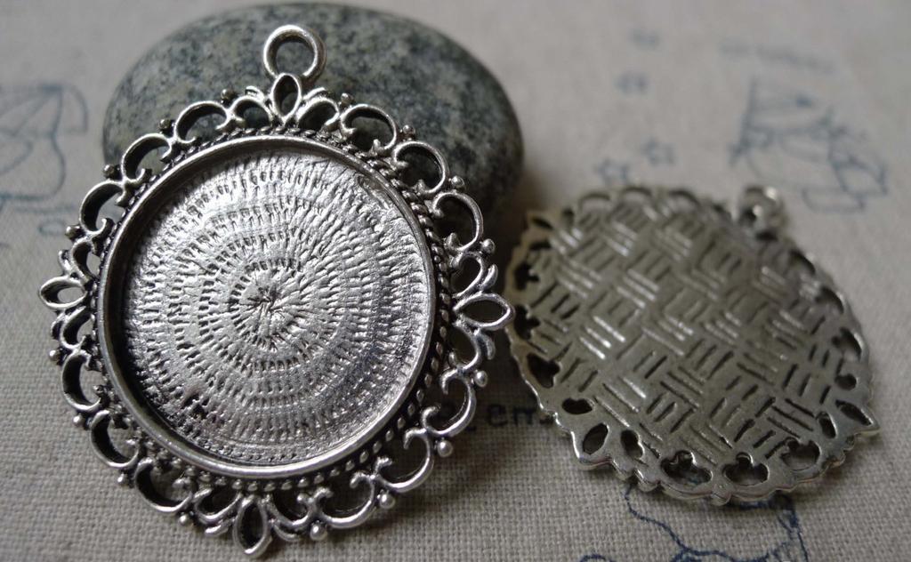 Accessories - Pendant Tray Antique Silver Round Cameo Base Settings Bezel Blanks Match 25mm Cabochon Lot Of 10 Pcs A5823
