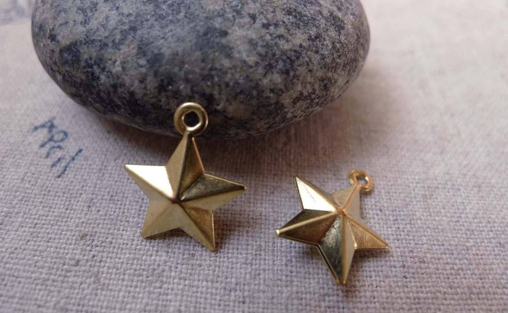 Accessories - Raw Brass 3D Star Charms Pendants Double Sided 12mm Set Of 50 Pcs A6232
