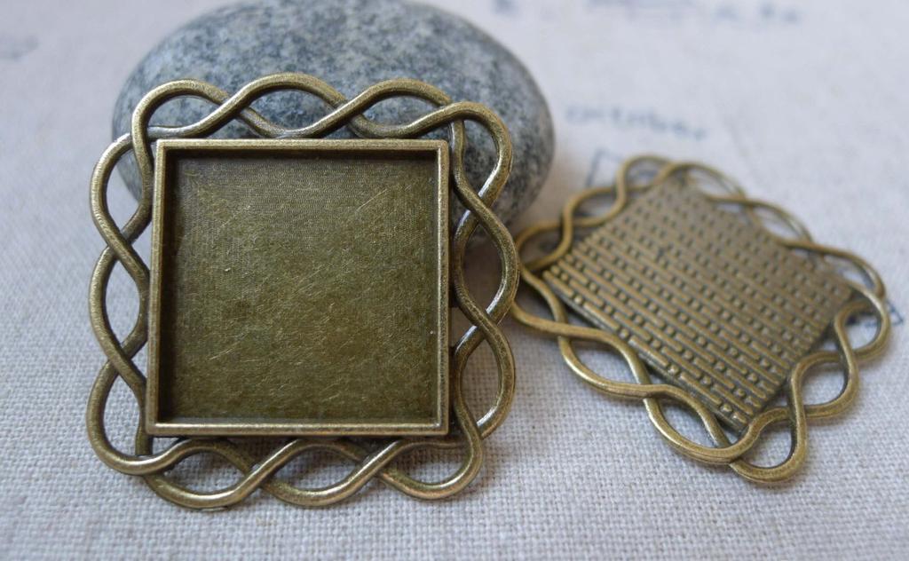 Accessories - Square Pendant Tray Antique Bronze Base Setting Bezel Match 20mm Cameo Set Of 10 Pcs A5921