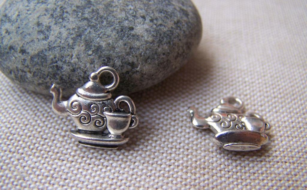 Accessories - Tea Pot Set Tea Cup Charms Pendants Antiqued Silver Double Sided 14x15mm Set Of 20 Pcs A1284